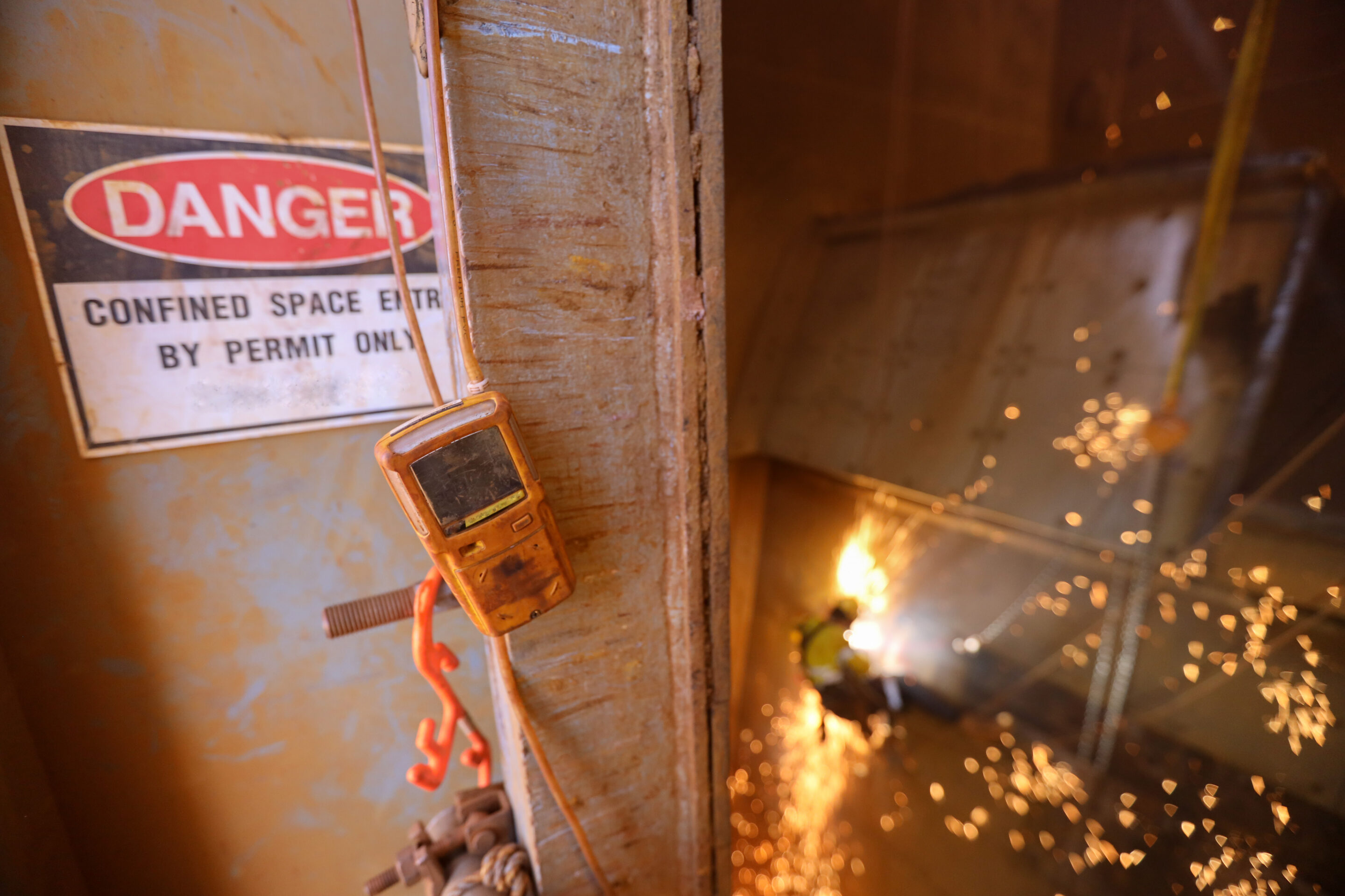 Gas tester detector atmosphere hanging at confined space door co