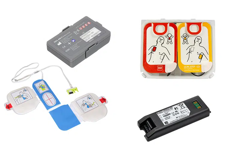AED accessories including pads and batteries